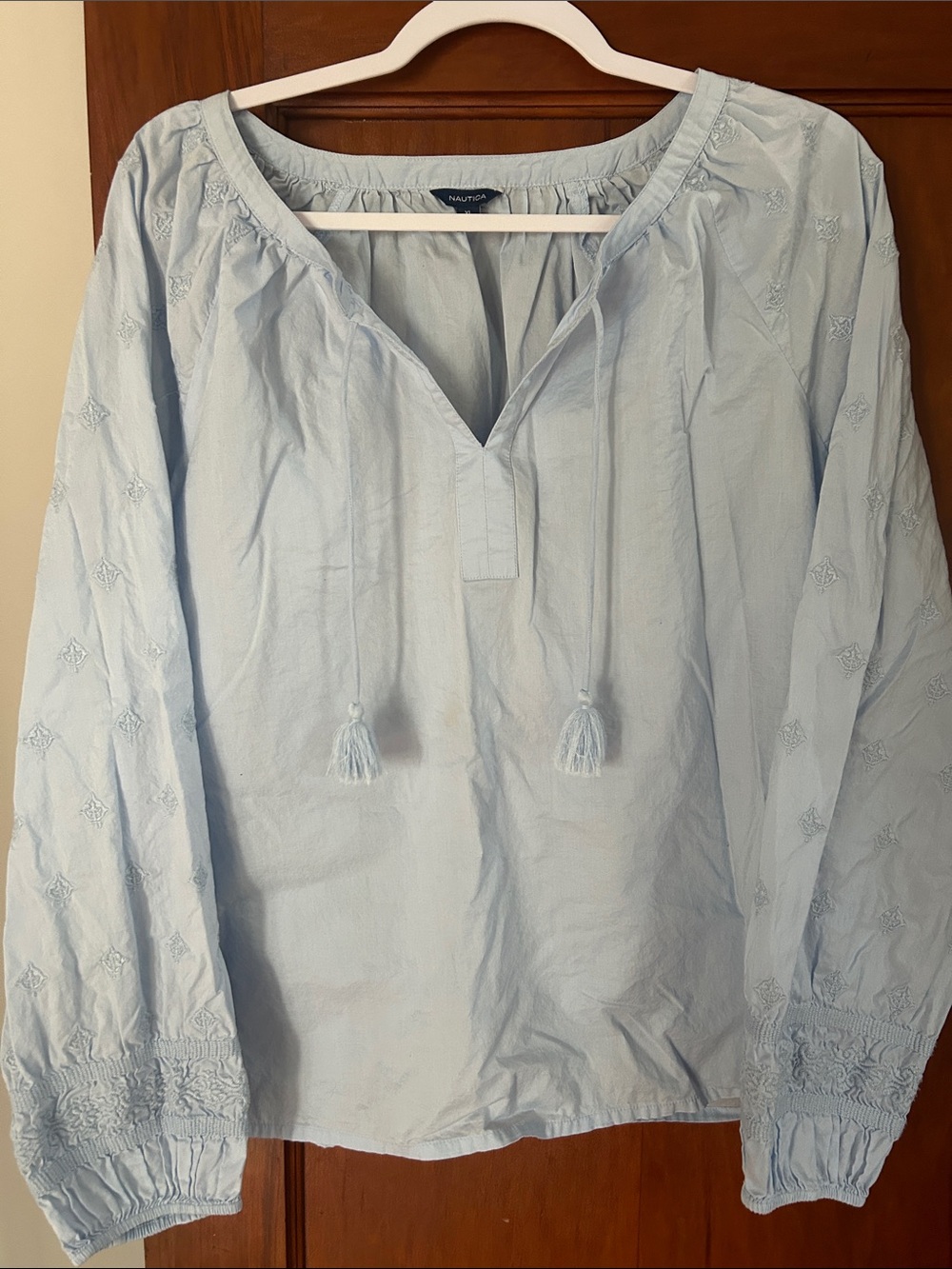 Nautica Pale Blue Embroidered Peasant Top with tassels